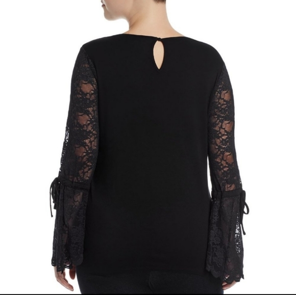 Vince Camuto Black Lace Bell Sleeve Blouse Keyhole Button Back Size Medium - Picture 2 of 16